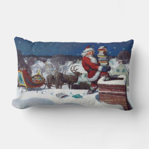 Santa delivering armload of books by Wyeth Lumbar Cushion