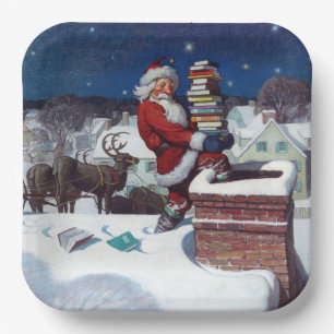 Santa delivering armload of books by Wyeth Paper Plate