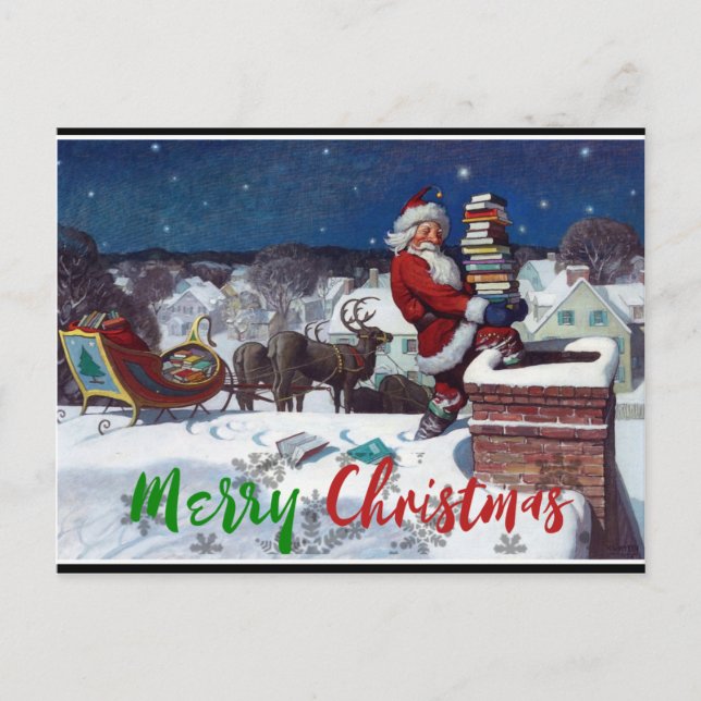 Santa delivering armload of books by Wyeth Postcard (Front)