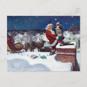 Santa delivering armload of books by Wyeth Postcard