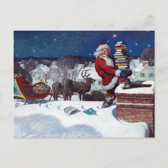 Santa delivering armload of books by Wyeth Postcard (Front)