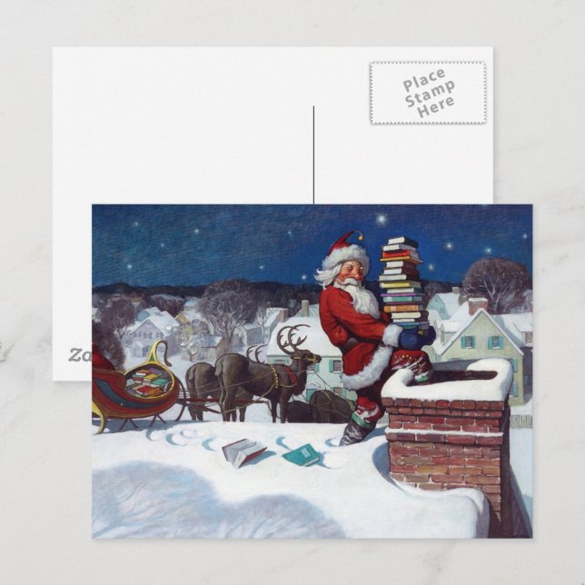 Santa delivering armload of books by Wyeth Postcard (Front/Back)