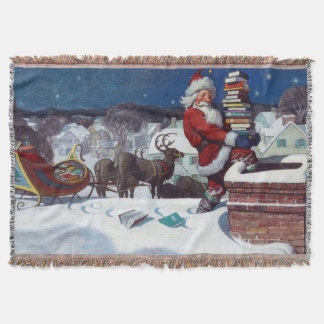 Santa delivering armload of books by Wyeth Throw Blanket