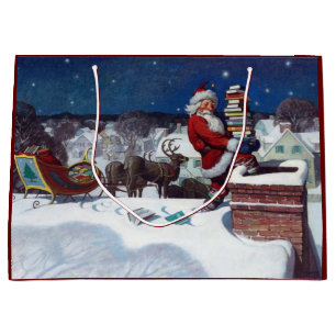 Santa delivering armload of books large gift bag