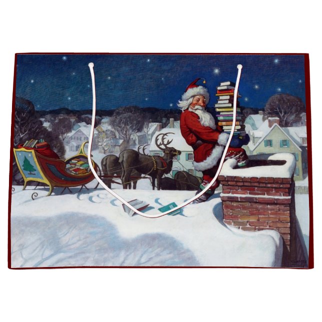 Santa delivering armload of books large gift bag (Front)