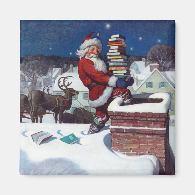 Santa Delivering Armload of Books Magnet (Front)