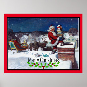 Santa delivering armload of books poster