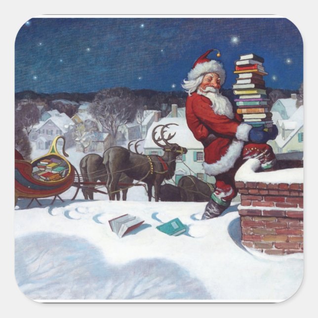 Santa Delivering Armload of Books Square Sticker (Front)