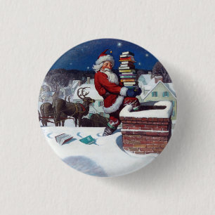 Santa Delivering Books at Christmas,  3 Cm Round Badge