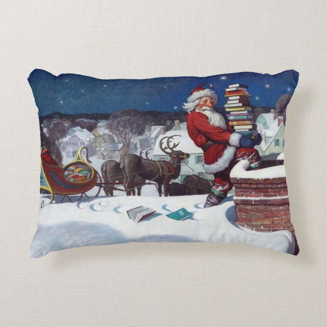 Santa Delivering Books at Christmas, Accent Pillow (Front)
