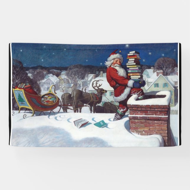 Santa Delivering Books at Christmas Banner (Horizontal)