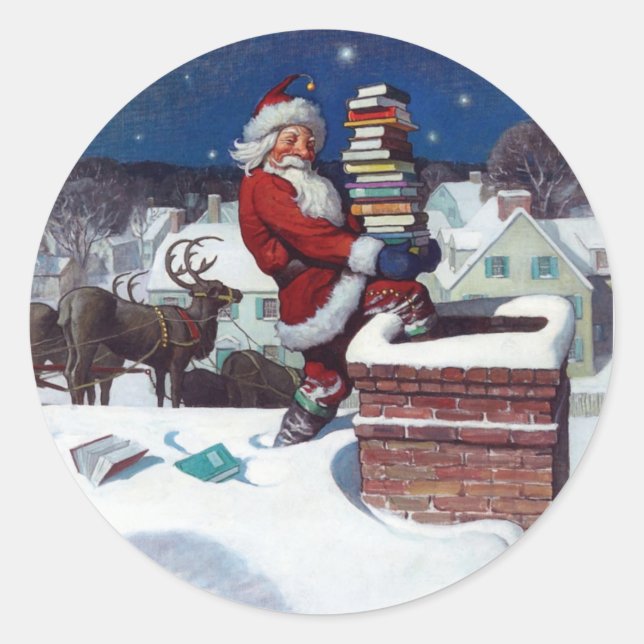 Santa Delivering Books at Christmas, Classic Round Sticker (Front)