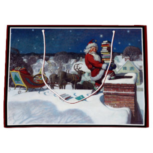 Santa Delivering Books at Christmas, Large Gift Bag