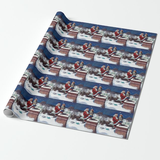 Santa Delivering Books at Christmas, Wrapping Paper (Unrolled)