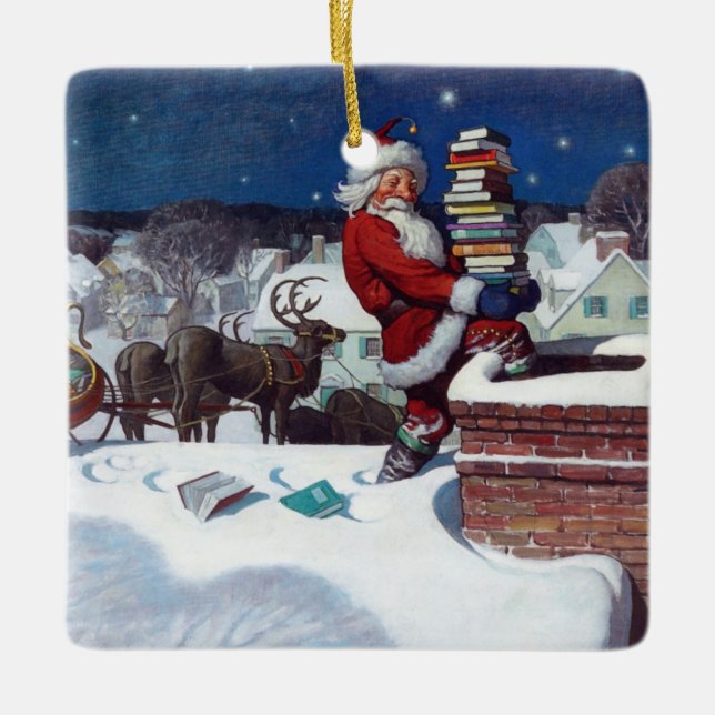 Santa delivering books on Christmas Eve Ceramic Ornament (Front)