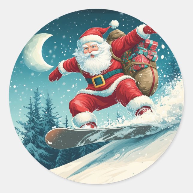 Santa delivering Christmas presents on a snowboard Classic Round Sticker (Front)