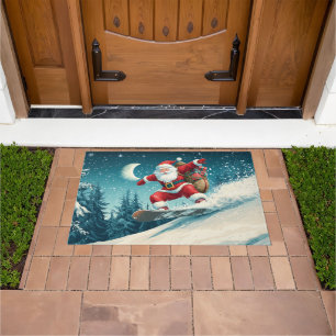Santa delivering Christmas presents on a snowboard Doormat