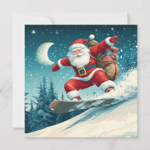 Santa delivering Christmas presents on a snowboard Holiday Card
