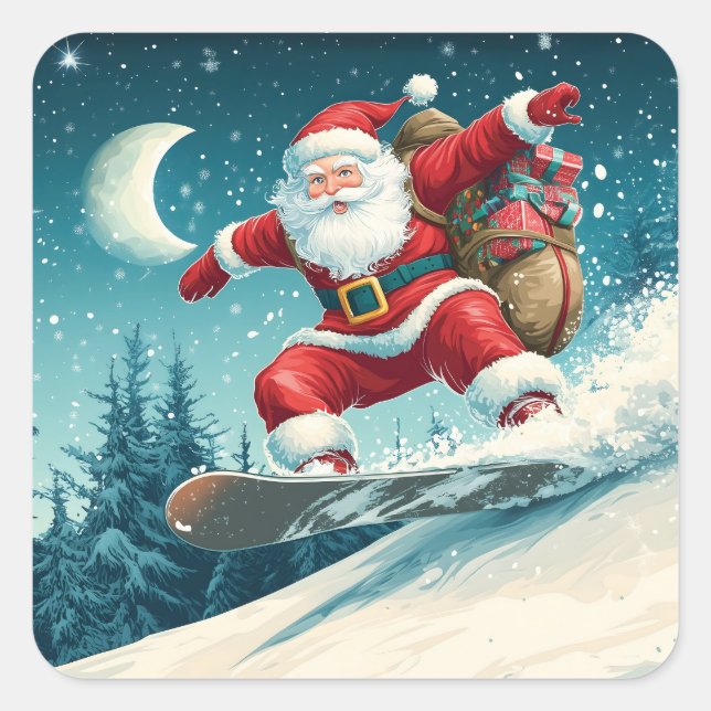 Santa delivering Christmas presents on a snowboard Square Sticker (Front)