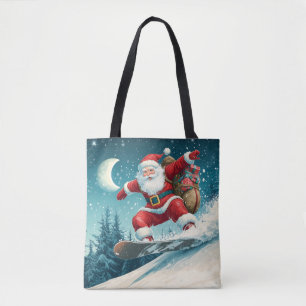 Santa delivering Christmas presents on a snowboard Tote Bag