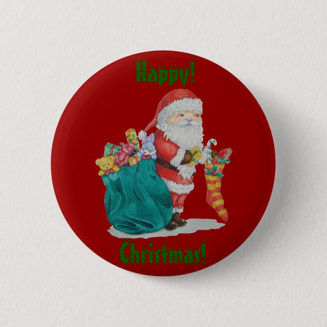 santa delivering gifts in sack for christmas 6 cm round badge (Front)