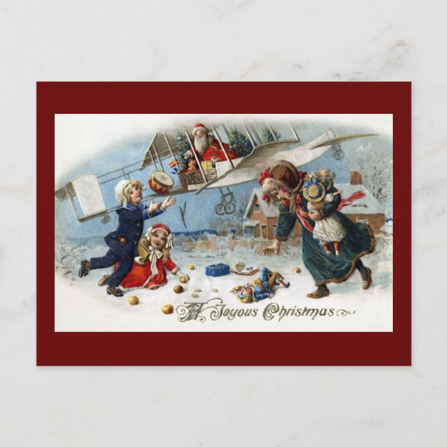 Santa Delivering Gifts Via Biplane Holiday Postcard (Front)