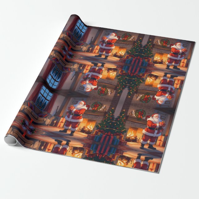 Santa delivering kids toys, reindeer pulling Santa Wrapping Paper (Unrolled)