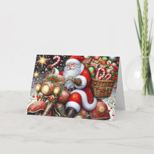 Santa Delivering Packages on Red Motorcycle Holiday Card