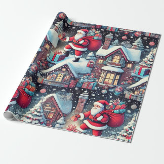 Santa delivering presents down the chimney wrapping paper