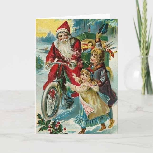 Santa Delivering Presents on A Bicycle Holiday Card (Front)