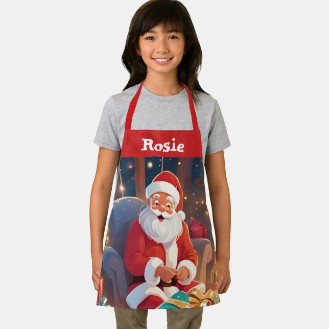 Santa Delivering Presents Red Girls Name Apron (Insitu)