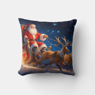 Santa Delivering Toys on a Slope with Reindeer Cushion