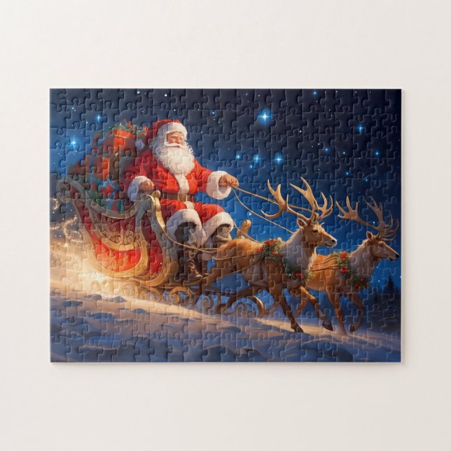 Santa Delivering Toys on a Slope with Reindeer Jigsaw Puzzle (Horizontal)