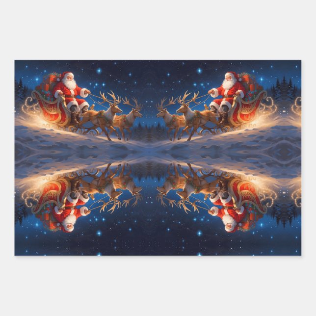 Santa Delivering Toys on a Slope with Reindeer Wrapping Paper Sheet (Front)