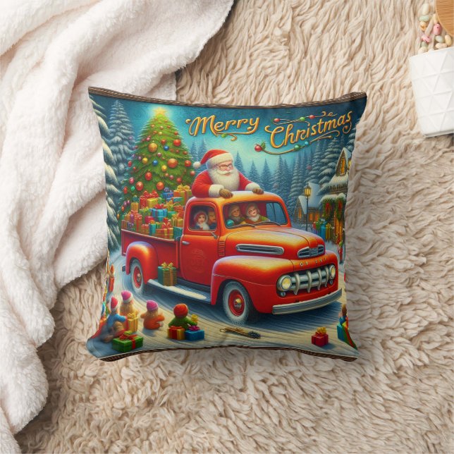 Santa delivers gifts in a snowy winter wonderland cushion (Blanket)