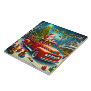 Santa delivers gifts in a snowy winter wonderland tile