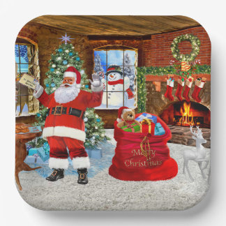 Santa delivers gifts on Christmas Day Paper Plate