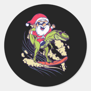 Santa Dinosaur Surfing T-rex Dino Summer Christmas Classic Round Sticker