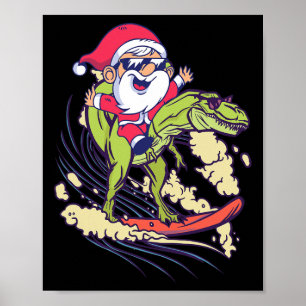 Santa Dinosaur Surfing T-rex Dino Summer Christmas Poster
