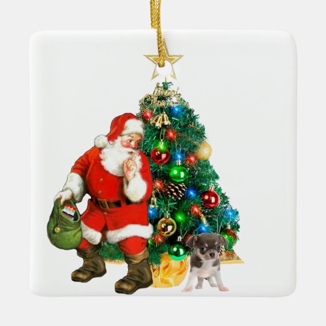 Santa Discovered By A Puppy Ornament (Front)