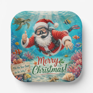 Santa diving Underwater Christmas Paper Plate