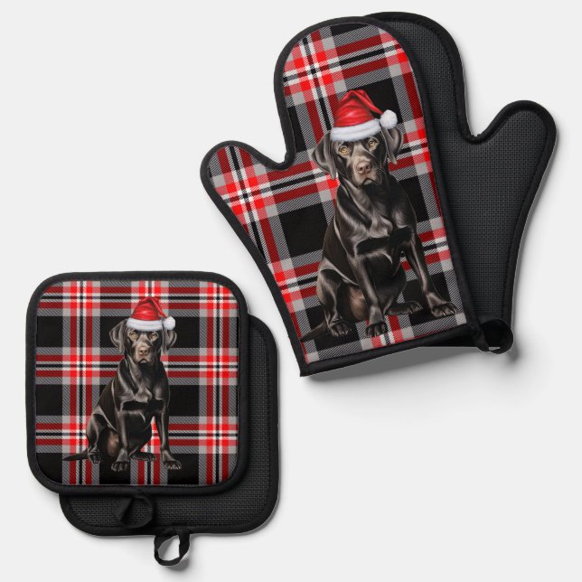 Santa Dog Black Labrador Holiday Plaid Christmas Oven Mitt & Pot Holder Set (Front/Back)