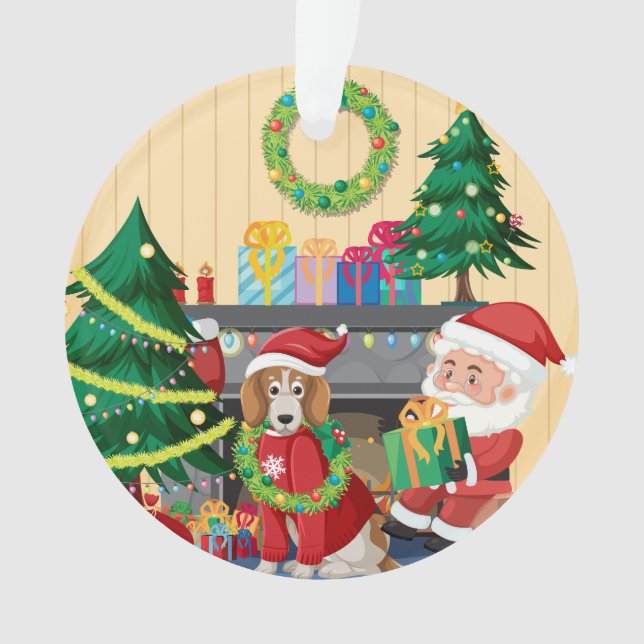 Santa & Dog by the Fireplace – Cozy Christmas  Ornament (Front)