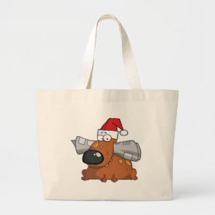 Santa Dog Holds Newspaper in Mouth Large Tote Bag