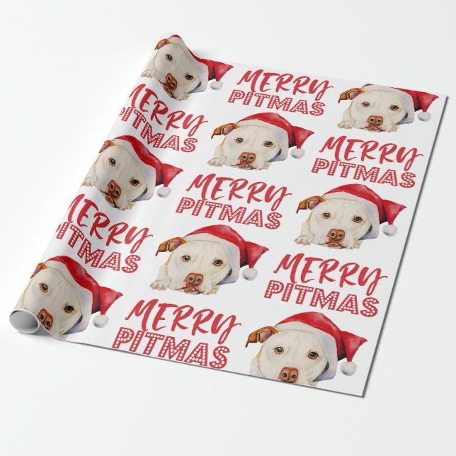 Santa Dog Merry Pitmas Funny Pitbull Christmas Wrapping Paper (Unrolled)
