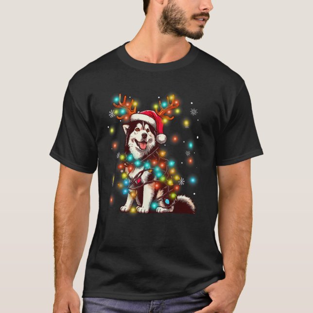 Santa Dog Siberian Husky Christmas Tree Lights Mer T-Shirt (Front)