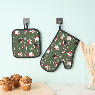 Santa Dogs on Green Oven Mitt & Pot Holder Set