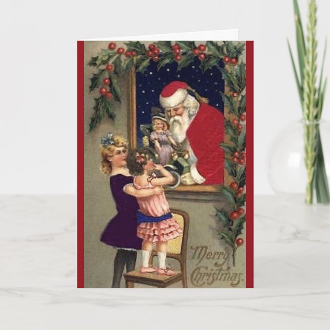 Santa Doll and Girls Vintage Christmas Card (Front)