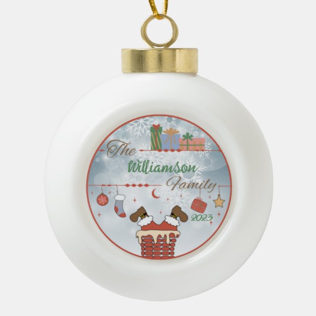Santa Down the Chimney  Ceramic Ball Christmas Ornament (Front)