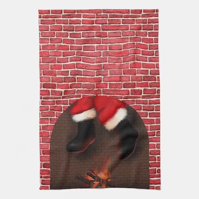 Santa down the chimney   tea towel (Vertical)